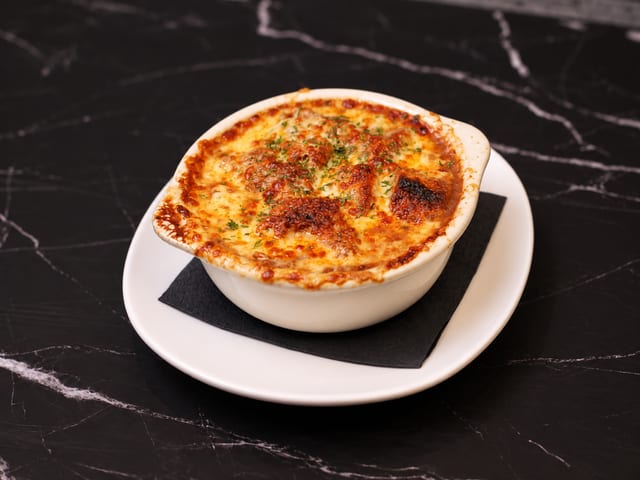 Crock of French Onion Soup.