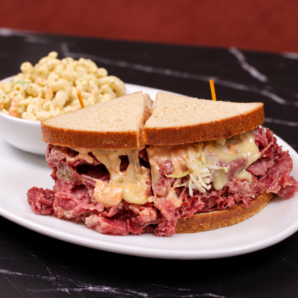Reuben sandwich piled with corned beef, melted cheese, sauerkraut, and dressing, served with macaroni salad on a white plate.