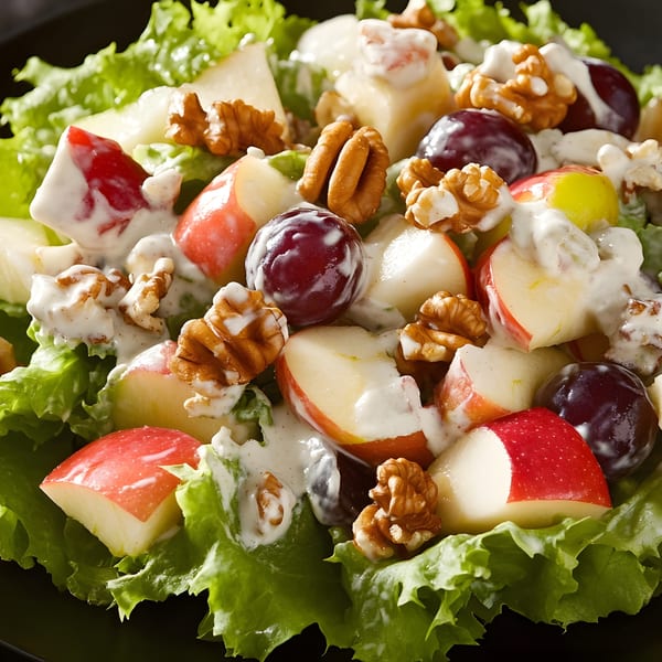 Close-up of a Waldorf salad with apples, grapes, walnuts, and pecans on a bed of lettuce.