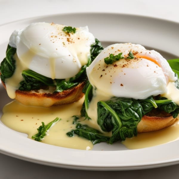 Two eggs Benedict with poached eggs, spinach, and hollandaise sauce on a white plate.