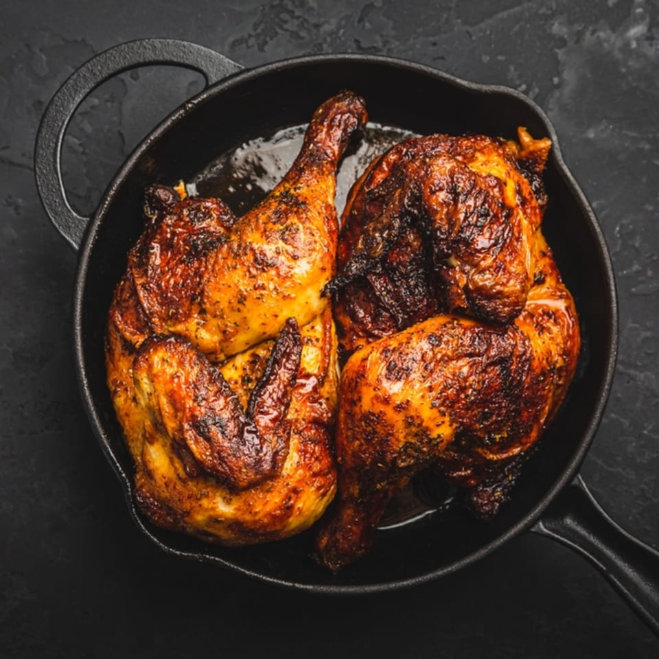 Two golden-brown roasted chicken halves in a black cast iron skillet, from Moish and Itzy’s.