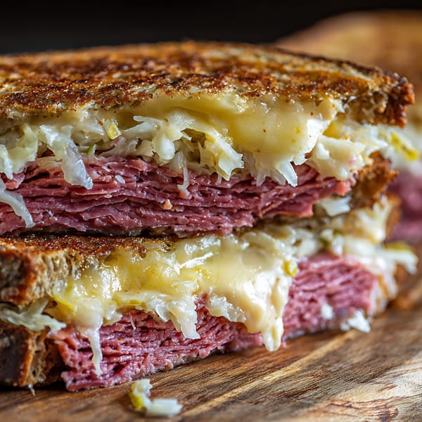 Close-up of a Moish and Itzy's Reuben sandwich, with corned beef, melted cheese, and sauerkraut.