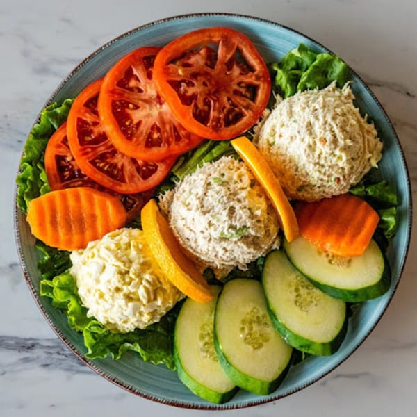 A Moish and Itzy’s deli platter with scoops of tuna salad, egg salad, and chicken salad, surrounded by fresh vegetables.