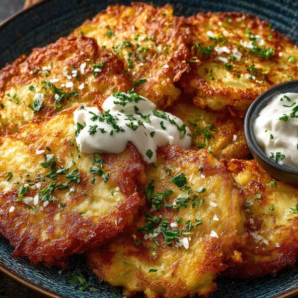 Golden-brown potato latkes, garnished with fresh parsley and coarse salt, served with sour cream.
