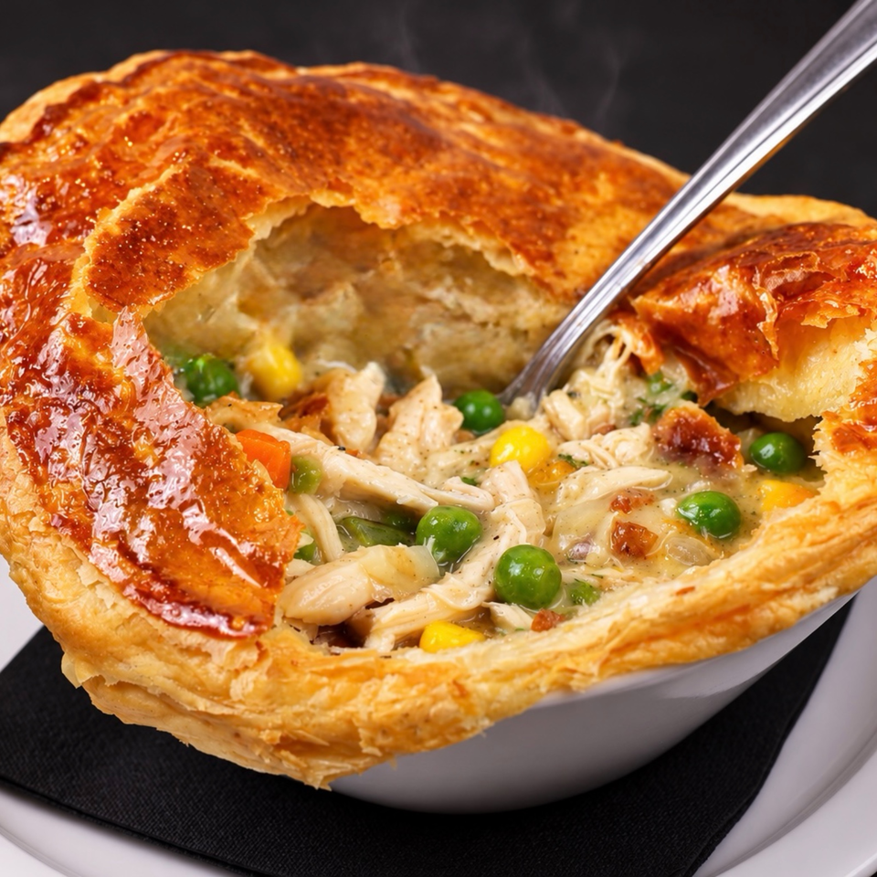 Golden-brown chicken pot pie with flaky pastry crust, creamy filling, peas, carrots, and corn, served in a bowl.