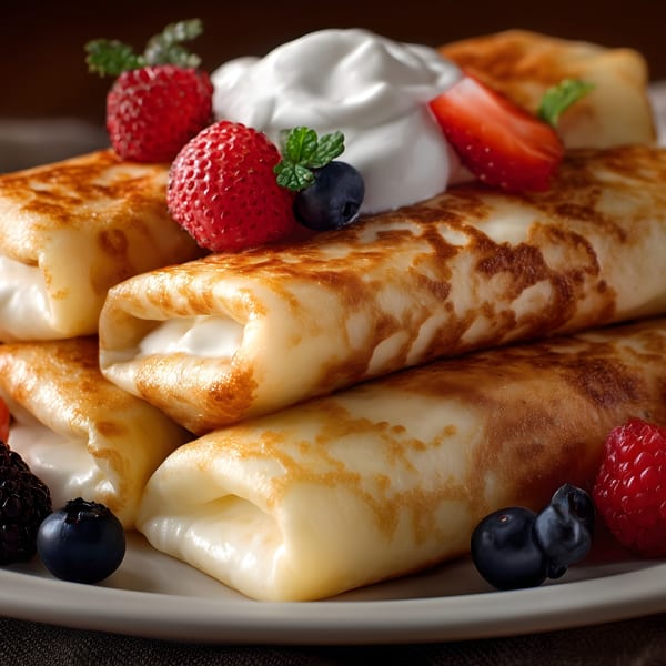 Golden-brown blintzes filled with cream cheese, topped with strawberries, blueberries, and whipped cream.
