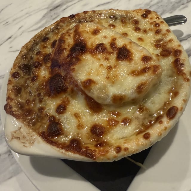 Crock of French Onion Soup.